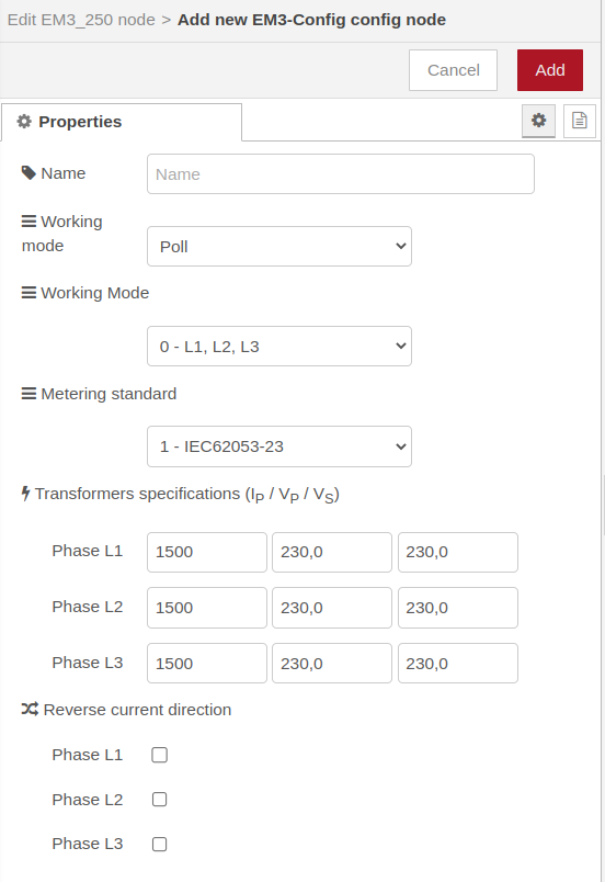 3 Phase Energy Meter node configuration